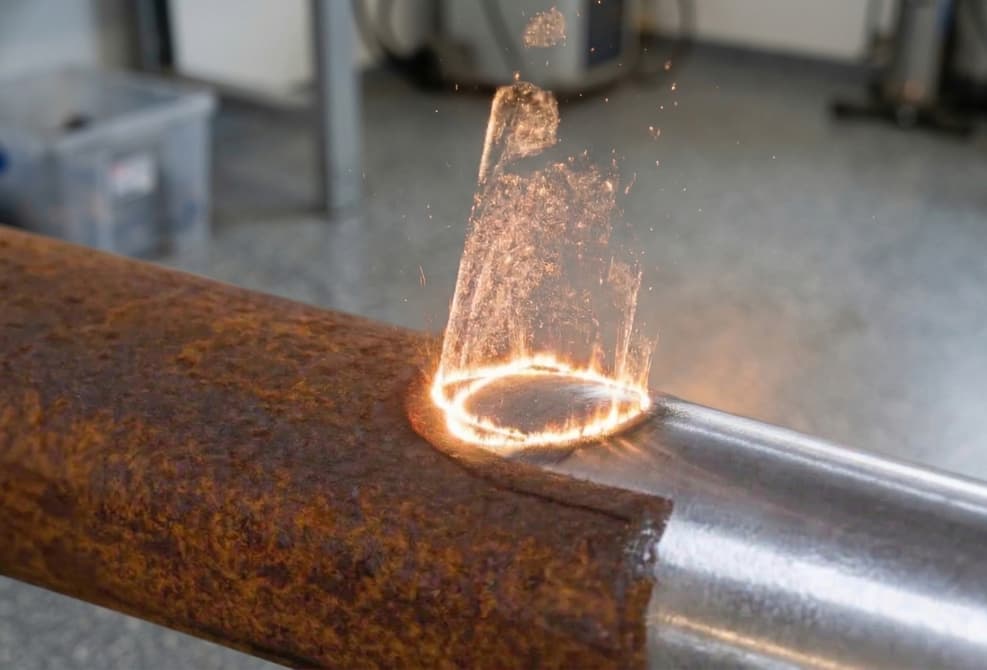 Faisceau laser éliminant la rouille d'un tuyau métallique et révélant de l'acier propre