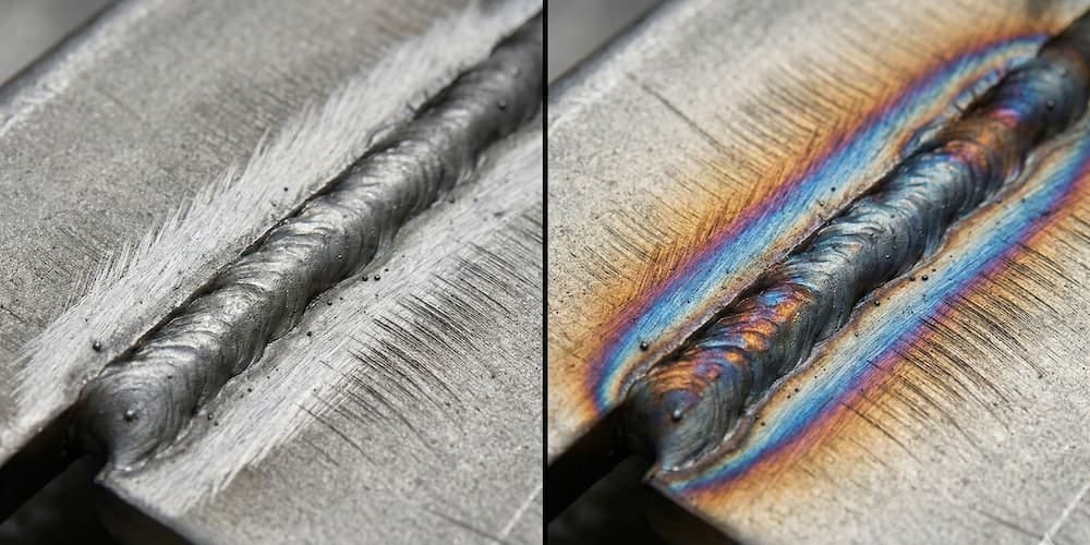 Cordon de soudure nettoyé au laser à côté d'un cordon non traité avec coloration thermique