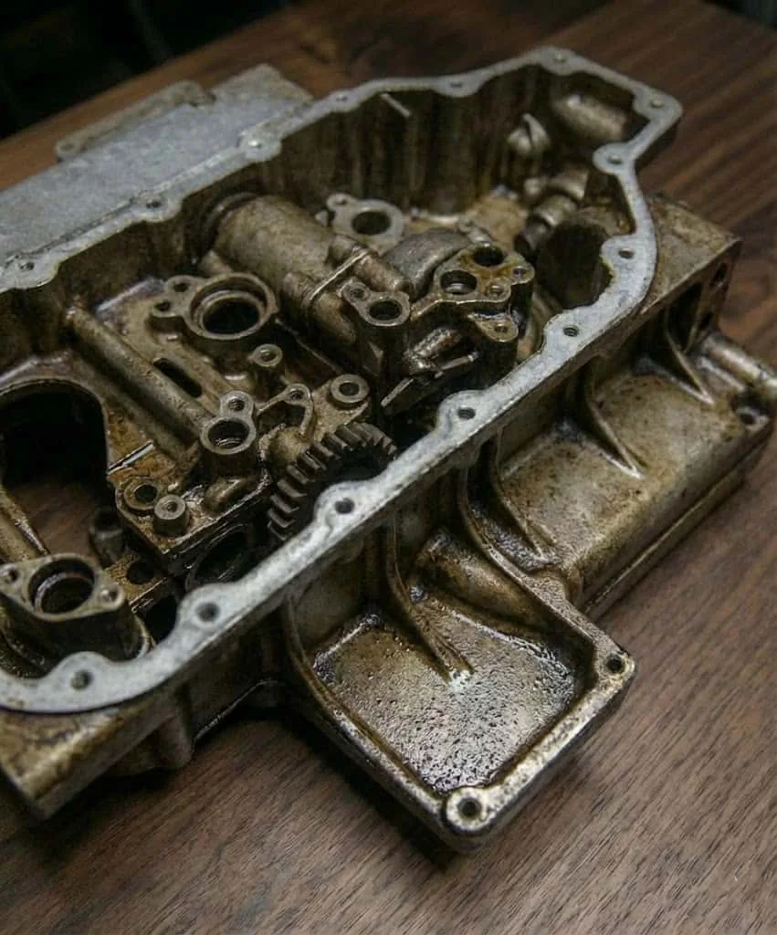 Carter moteur en aluminium contaminé par l'huile avant le nettoyage laser du métal
